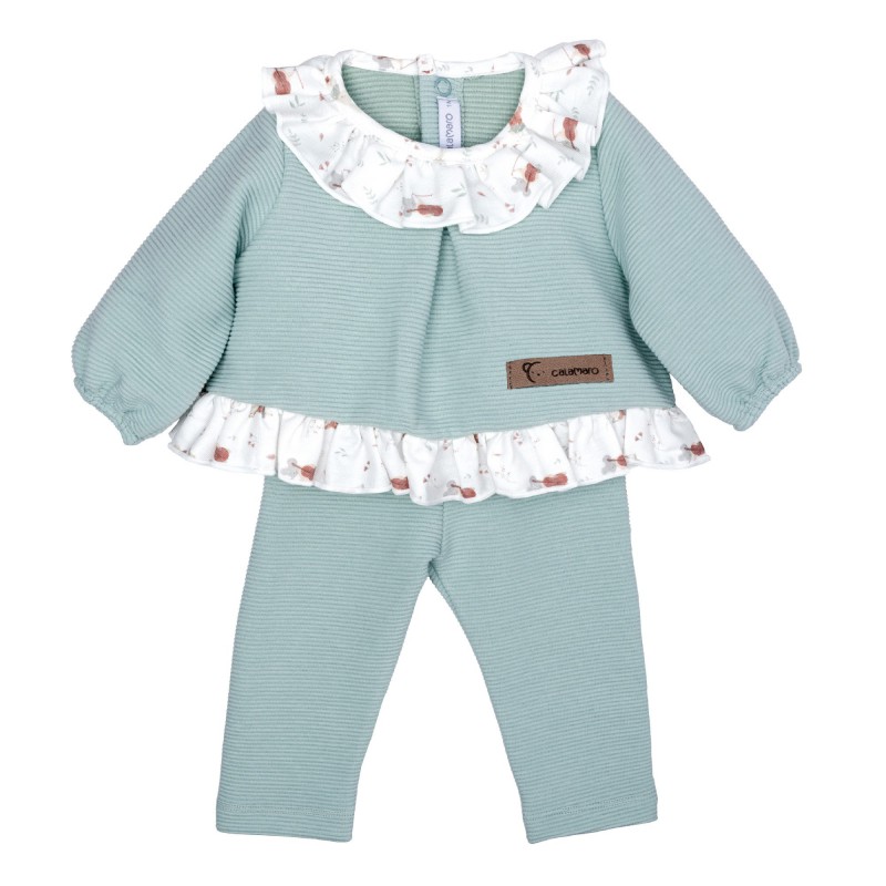 conjunto bebe nina sudadera verde agua cuello volante gnomos setas polaina punto calamaro jarama chic and kid