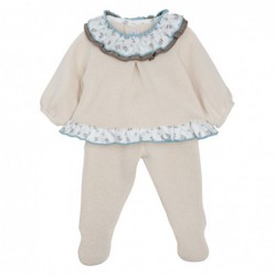 conjunto bebe niña borben jersey jesusito cuello doble volante flores liberty polaina punto blanco crudo calamaro chic and kid