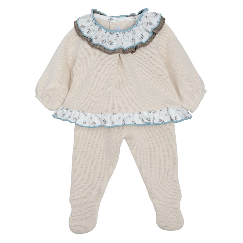 conjunto bebe niña borben jersey jesusito cuello doble volante flores liberty polaina punto blanco crudo calamaro chic and kid