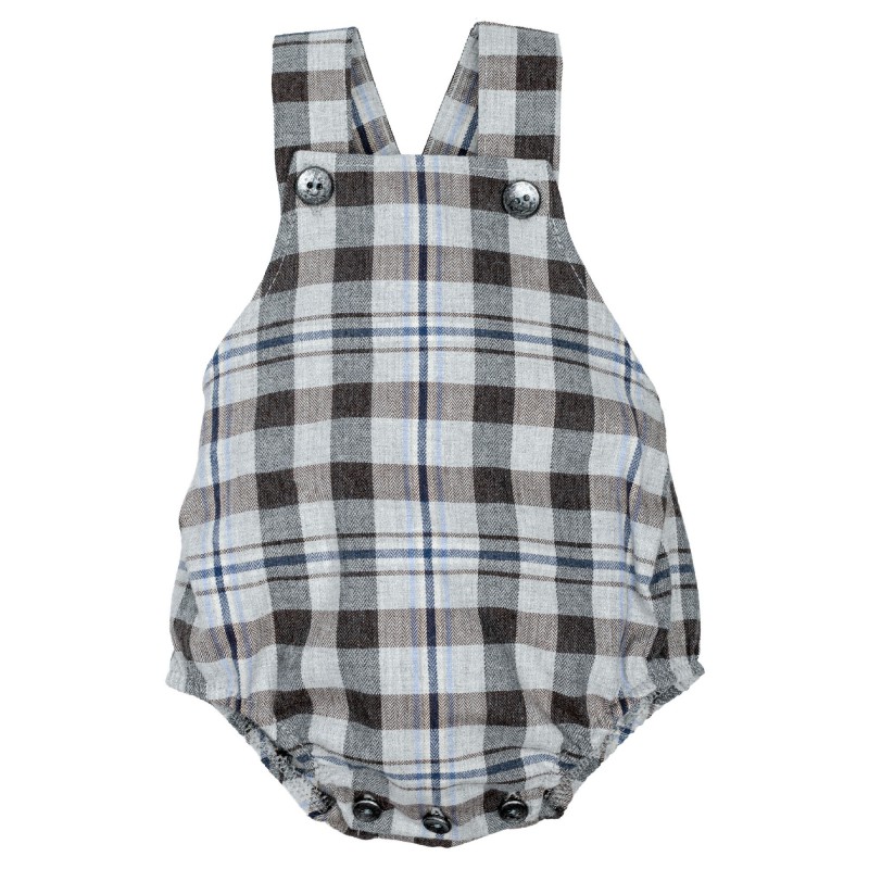 peto bebe ranita bombacho cuadros escoceses tartán gris marron azul tirantes botones calamaro baby chic and kid