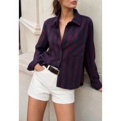 camisa mujer manga larga rayas verticales azul marino burdeos granate bolsillo delantera armonias chic and kid