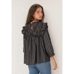 blusa mujer manga francesa rayas verticales moradas berenjena nido de abeja pecho volantes armonias chic and kid