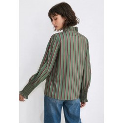 camisa mujer manga larga rayas verticales verde oliva burdeos cuello mao volantes puños nido de abeja armonias chic and kid