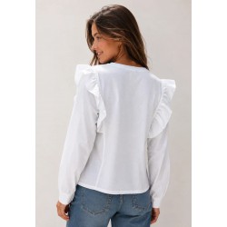 blusa mujer manga larga blanca volantes hombros tachuelas remaches metalicos cuello redondo armonias chic and kid
