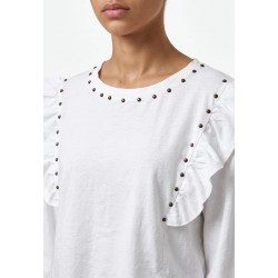 blusa mujer manga larga blanca volantes hombros tachuelas remaches metalicos cuello redondo armonias chic and kid