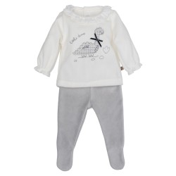 conjunto bebe dos piezas sudadera cruda cuello volante bordado dinosaurio pantalon polaina terciopelo gris calamaro chic and kid