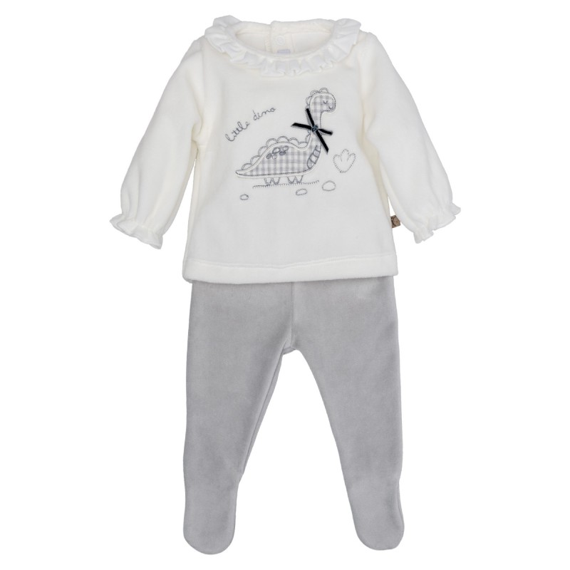 conjunto bebe dos piezas sudadera cruda cuello volante bordado dinosaurio pantalon polaina terciopelo gris calamaro chic and kid
