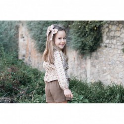 conjunto nina blusa manga larga flores rayas cintura nido de abeja falda pantalon marron topo boton madera losan chic and kid