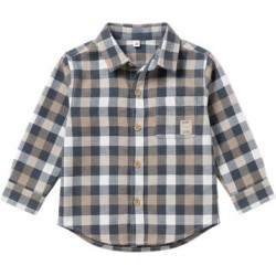 camisa bebe manga larga cuadros azul marino beige arena franela algodon botones madera losan chic and kid