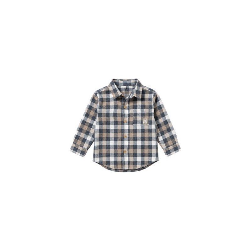 camisa bebe manga larga cuadros azul marino beige arena franela algodon botones madera losan chic and kid