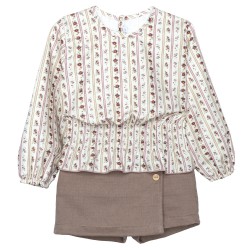 conjunto nina blusa manga larga flores rayas cintura nido de abeja falda pantalon marron topo boton madera losan chic and kid