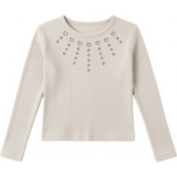 Camiseta de canalé de manga larga en color crudo con detalles de abalorios y corazones brillantes en el cuello Losan CHIC & Kid