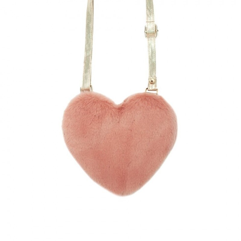 Bolso bandolera infantil en forma de corazón de pelo suave rosa con tira dorada Rockahula Kids CHIC & Kid