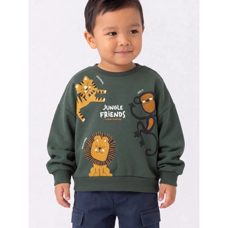 Sudadera verde kaki de manga larga con animales de la selva y texto jungle friends para niño Losan CHIC & Kid