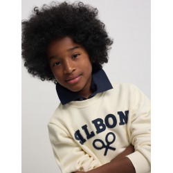 Sudadera blanca cruda de cuello redondo con texto Silbon y raquetas en relieve azul marino para niño Silbon CHIC & Kid