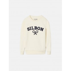 Sudadera blanca cruda de cuello redondo con texto Silbon y raquetas en relieve azul marino para niño Silbon CHIC & Kid