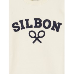 Sudadera blanca cruda de cuello redondo con texto Silbon y raquetas en relieve azul marino para niño Silbon CHIC & Kid