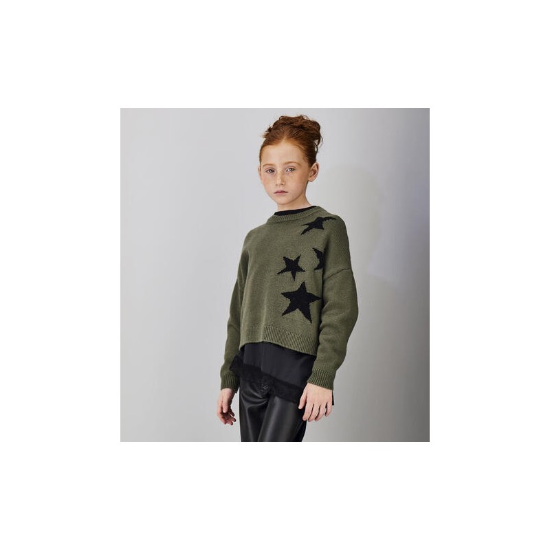 Jersey de punto verde kaki con estrellas negras para niña Name It CHIC & Kid